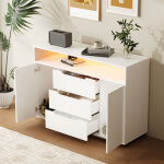 Buffet de cuisine blanc avec led, meuble de rangement pour salon / bureau, 3 tiroirs + �tag�re ouverte, ...
