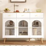 Buffet de cuisine blanc et naturel (94 cm) avec 3 tiroirs et 3 portes en verre tremp� ? id�al salle � ...
