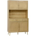 Buffet de cuisine boheme d�cor bois et cannage 4 portes 3 tiroirs 110 cm. naturel. pieds en bois de pin ...
