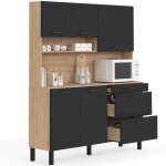 Buffet de cuisine casserolier 140 cm cina 5 portes + 3 tiroirs faon htre et noir