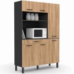 Buffet de cuisine avec colonne de rangement 120 cm cina 6 portes + tiroir noir et faon htre