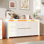 Buffet de cuisine avec �clairage led, buffet bas, bahut de salle � manger avec 4 portes et 2 tiroirs, ...
