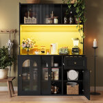 Buffet de cuisine avec �clairage led, vitrine, meuble de rangement avec �tag�res r�glables et porte coulissant ...