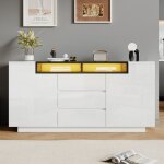 Buffet et enfilade - 2 portes avec clairage led - blanc et noir - 140x40x68 cm - 3 tiroirs - cloisons ...
