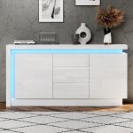 Buffet et enfilade - 3 tiroirs - 2 portes - �tag�res r�glables - led - laque blanche - 140x35x72cm - ...