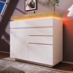 Buffet et enfilade brillant 2 portes 3 tiroirs clairage led commande app 115x110x39 cm blanc polyvalent ...