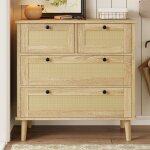 Buffet et enfilade commode 4 tiroirs rotin armoire de rangement avec pieds en bois massif design fonctionnel ...