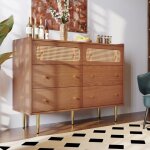 Buffet et enfilade commode 6 tiroirs en rotin pour chambre et salon, couleur noyer, dimensions h90 l120 ...