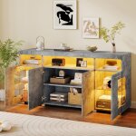 Buffet enfilade laqu� brillant couleur ciment avec led et 3 compartiments verre tremp� - meuble salon ...
