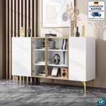 Buffet et enfilade - meuble de salle � manger de salon, verre et m�tal, blanc + garniture en m�tal