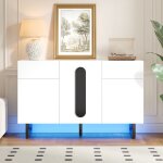 Buffet et enfilade moderne - grand rangement tiroirs et portes - blanc poign�es noires - pieds m�tal ...