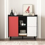 Buffet en enfilade - rangement noir - portes rouges - 2 tiroirs - 2 cases ouvertes - meuble bar moderne ...