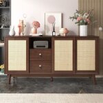 Buffet enfilade salon rotin naturel, 3 portes coulissantes, 2 tiroirs. stable et polyvalent, 155x38x80 ...