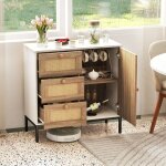 Buffet en faux rotin armoire basse d'appoint avec 1 porte avec tagres et 3 tiroirs table console autoportant ...