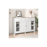 Buffet avec grain de bois blanc, quatre portes, avec deux tiroirs, porte vitrée pour salon et salle à ... Buffet avec grain de bois blanc, quatre portes, avec deux tiroirs, porte vitrée pour salon et salle à ...