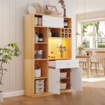 Buffet haut 115 x 35 x 180 cm, meuble de cuisine multifonction avec led r�glable, 1 tiroir, 3 portes, ...