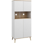 Buffet haut 4 portes 3 tagres rglables grande niche bois pin panneaux blanc aspect chne clair