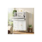 Buffet haut, buffet blanc avec porte  abattant, 3 tiroirs, 2 portes, poignes et pieds en mtal dor, ...