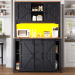 Buffet haut cuisine 115x40x174. 7 cm, meuble rangement, portes coulissantes, led, 2 tiroirs, noir