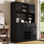 Buffet haut de cuisine avec tagres rglables, casier  vin, 4 portes et 2 tiroirs, noir, 120x40x188 ...