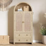 Buffet haut forme arche en cannage rotin, meuble de rangement 180cm avec 2 tiroirs et niche, style boh�me ...