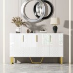 Buffet laqu brillant avec 4 portes, poignes et pieds en mtal, design gomtrique moderne, blanc, dimensions ...