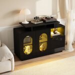 Buffet led 2 portes vitr�es 2 tiroirs compartiments rangement 120x40x80cm armoire salle � manger moderne ...