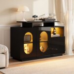 Buffet led noir avec portes vitr�es ovales, fa�ade laqu�e, rangement modulable en bois reconstitu�
