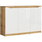 Buffet meuble de rangement � 3 portes, coloris ch�ne wotan / blanc brillant - longueur 135 x profondeur ...