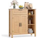 Buffet, meuble de rangement boh�me avec portes en rotin tress�, avec tiroir, �tag�re r�glable et compartiments ...