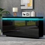Buffet moderne 140 x 35 x 72, 5cm noir laqu� brillant led, 2 portes 3 tiroirs sans poign�es, commode ...