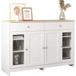 Buffet moderne 4 portes 2 tiroirs verre blanc 120x37x80cm salon salle  manger plateau bois clair enfilade ...
