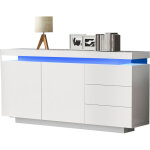 Buffet moderne blanc laqu� avec led contr�lable par appli, 2 portes et 3 tiroirs, 140x35x72, 5 cm
