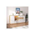 Okwish - buffet blanc, armoire avec 4 portes, 3 tiroirs, led et tagre en verre, couleur blanc et bois, ...
