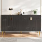 Buffet noir 152x40x75 cm design ondul - poignes & pieds dors - lgant pour coin repas