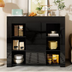 Buffet noir �l�gante avec fa�ade brillante, etag�res en verre et 1 porte, pour salon, salle � manger, ...
