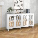 Buffet buffet, poignées en cristal, miroir, mdf, blanc, 4 portes, 160x40x84cm Buffet buffet, poignées en cristal, miroir, mdf, blanc, 4 portes, 160x40x84cm