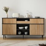 Buffet de rangement 160cm avec 4 portes coulissantes et 1 tiroir, combinaison chêne et noir, pieds noirs, ... Buffet de rangement 160cm avec 4 portes coulissantes et 1 tiroir, combinaison chêne et noir, pieds noirs, ...