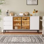 Buffet avec rangement, armoire portes et 3 tiroirs, �tag�re, console, blanc