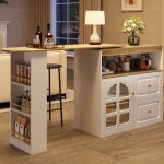 Table de bar blanc, buffet rotatif 360, design moderne, 2 tiroirs, tagre snack, vitrage cintr