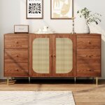 Buffet en rotin, meuble de rangement avec 6 tiroir, meuble en bois indpendant, meuble cuisine 160 x ...