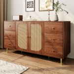 Buffet, buffet en rotin, meuble de rangement avec tiroir, meuble ind�pendant en bois, cuisine, maison, ...