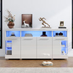 Buffet salon blanc 140 x 40 x 70cm en verre tremp� � 3 compartiments, enfilade led haute brillance, 4 ...