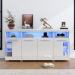 Buffet salon blanc 140 x 40 x 70cm en verre tremp� � 3 compartiments, enfilade led haute brillance, 4 ...