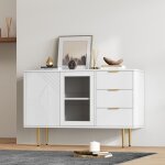 Wishdor - buffet de salon, buffet blanc avec 3 tiroirs et 2 portes, pieds en mtal et portes en verre, ...