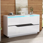 Buffet de salon brillant blanc et noir avec led, 3 portes, commode �tag�res r�glables, sans poign�es, ...