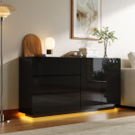 Buffet de salon avec led, buffet salle a manger noir moderne, armoire de rangement avec 2 portes 3 tiroirs, ...