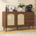 Buffet style rustique avec portes en rotin, fermeture magn�tique, �tag�res r�glables, structure robuste, ...
