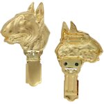 Bull terrier - broche avec clip, porte - num�ro de d�part plaqu� or, badge noble pour une exposition ...