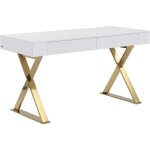 Bureau avec 2 tiroirs - mdf laqu et mtal - blanc et dor - pleisa ii de pascal morabito